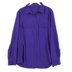 Antonio Melani Satin Top Womens Medium Purple Button Front Roll Tab Long Sleeve